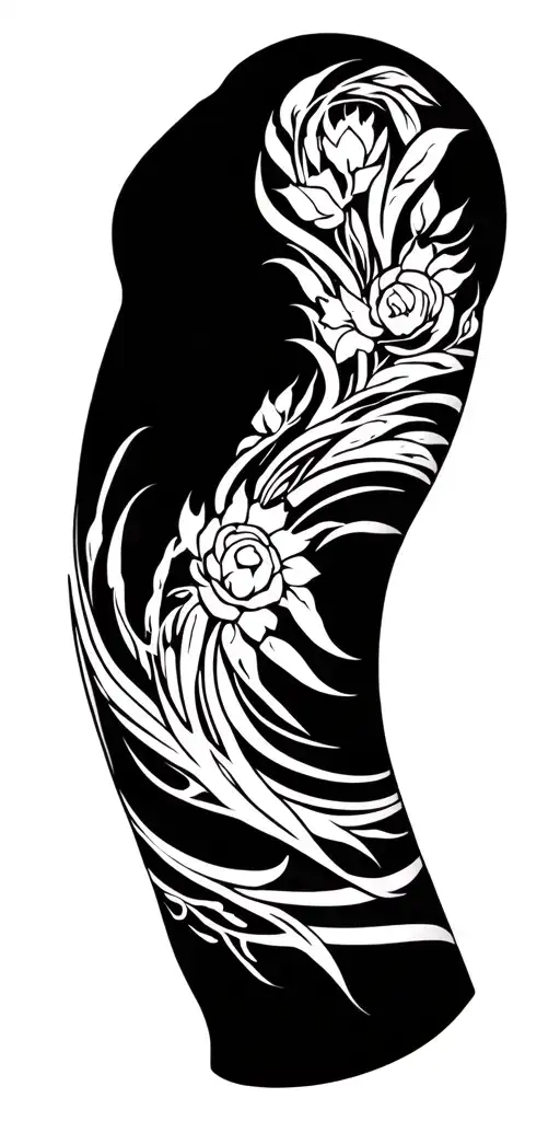 continuous black-line stencil, full arm sleeve, shoulder-cap to wrist, no fill, no shading, 300 dpi, pure black on trans tattoo design idea