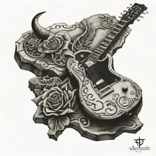 forearm tattoo - black and white - a les paul guitar inside the headstone to have a Taurus zodiac symbol - behind the ne tattoo design idea