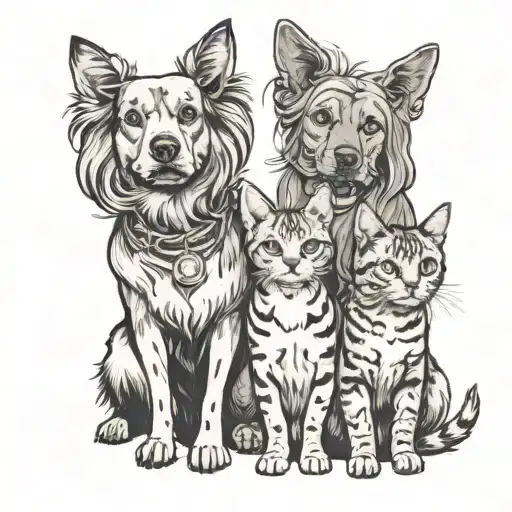 2 female dogs, one with short hair and the other with long hair, and a tabby cat tattoo design idea