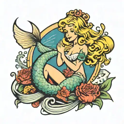 blonde mermaid with letter K and T hidden within tattoo design idea