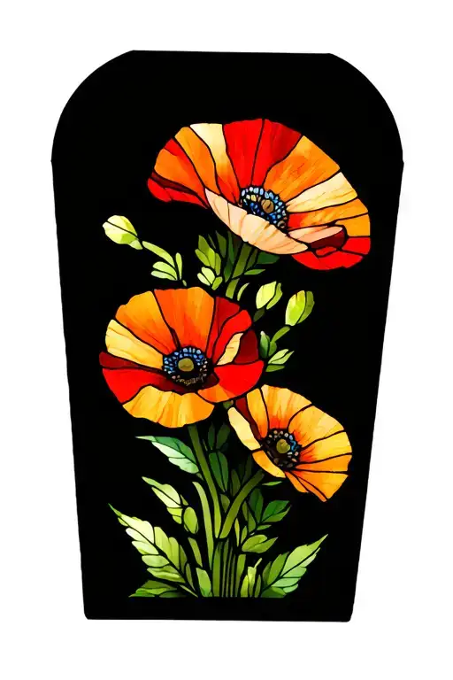 Stained Glass Window with Growing Poppy Flowers and Growing Morning Flory Flowers tattoo design idea