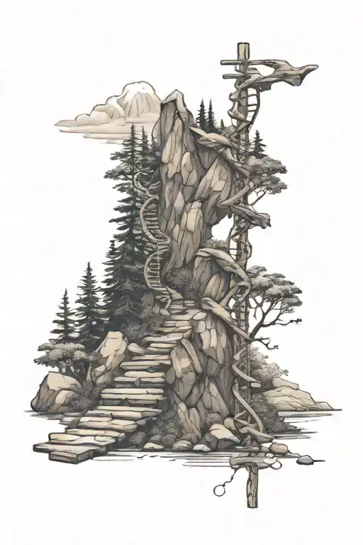 DNA strand as a hiking trail in a mountain camping scene  tattoo design idea
