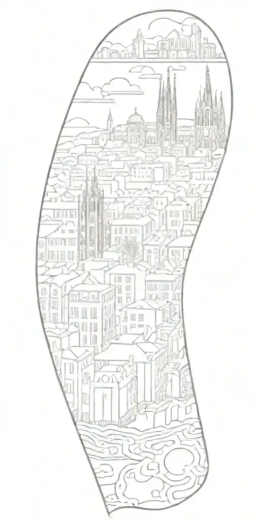 sleeve tattoo featuring the city of Barcelona, and a crown tattoo design idea