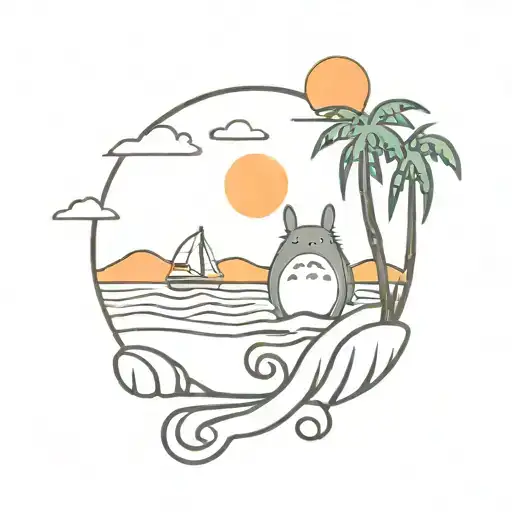totoro beach sunset palm trees and waves tattoo design idea