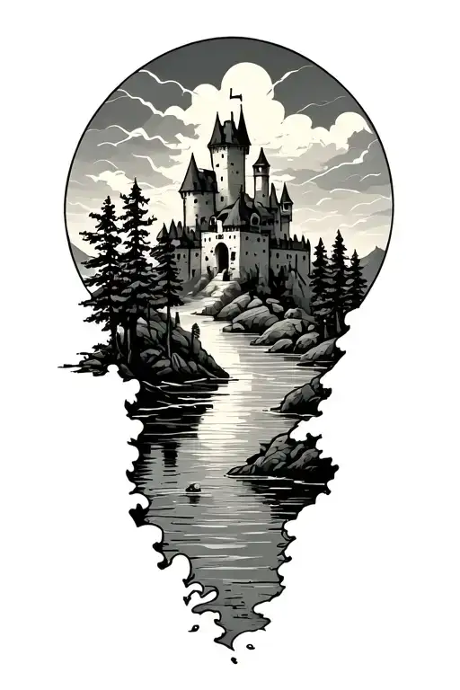 men tattoo  stormy but calme and rilistc  no faces land scape of a of ruined Castle surrounded by trees with a river in  tattoo design idea
