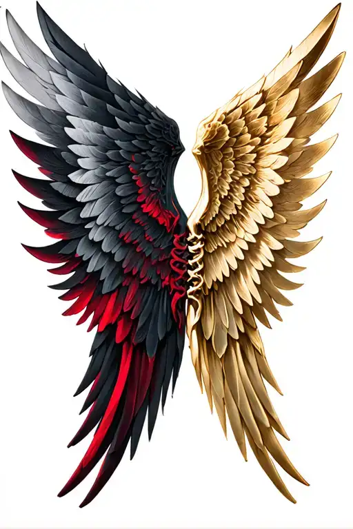 Two wings attached to the spinal bones. The left wing is dark, black with shades of red. The right wing is light, gold. tattoo design idea