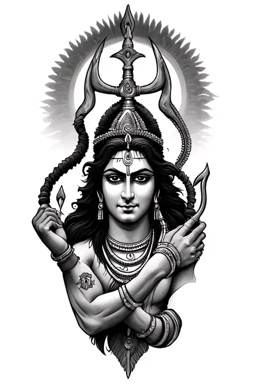 tattoo including a wrap around arm, lord shiva image, his trident and mahamrityunjaya mantra. tattoo design idea