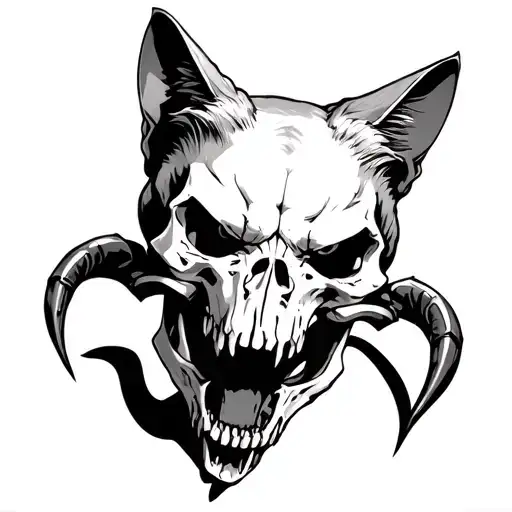 angry cat with claws on scull of goat skull tattoo design idea