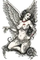 Sexy Angel, pale skin, Big breasts, Wide Hips, Angel wings, Halo, G-String, Revealing bra, Sexual, Bloody, Seductive. tattoo design idea