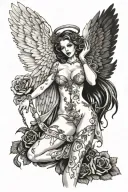 Sexy Angel, pale skin, Big breasts, Wide Hips, Angel wings, Halo, G-String, Revealing bra, Sexual, Bloody, Seductive. tattoo design idea