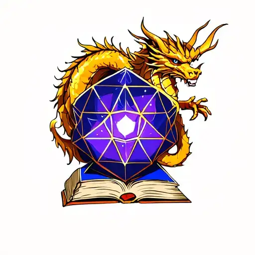 a blue-purple tesseract with a golden dragon and a book tattoo design idea