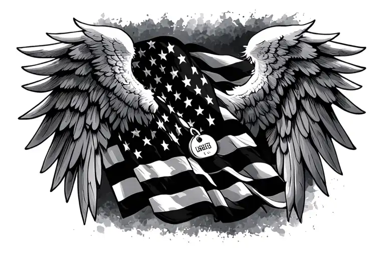 American flag, military dog tag, angel wings tattoo design idea