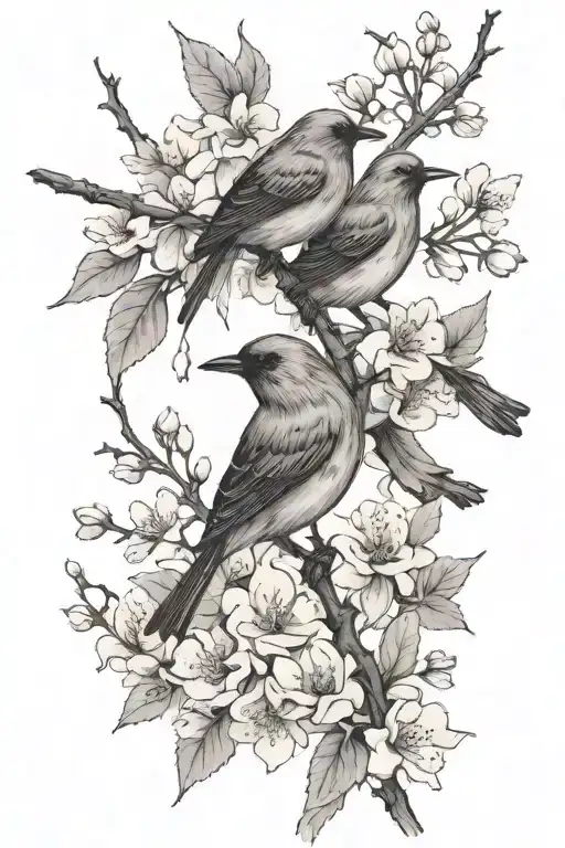 sideways skinny spooky scary cherry branch with minimal blossoms and four very small solid blackbirds   tattoo design idea