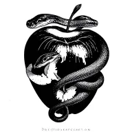 snake slithering next to a half bitten apple realism tattoo design idea