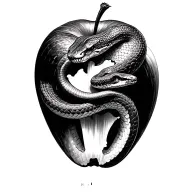snake slithering next to a half bitten apple realism tattoo design idea