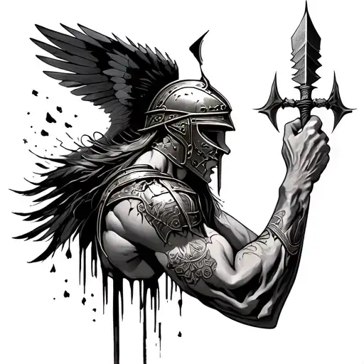 a sleeve with Icarus falling from the sky forearm, then fragmented gladiator helmet with spear.  tattoo design idea