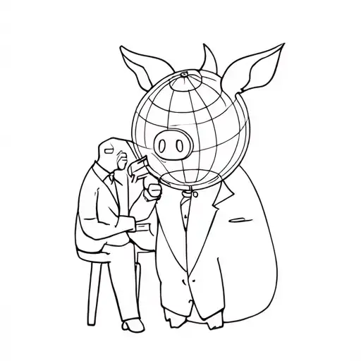 Human-like pig face, wearing a suit, carries globus on its shoulder. Solder sitting next to the globe. tattoo design idea