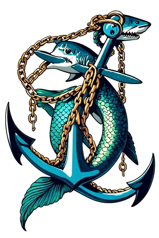 Anchor on a chain, shark, mermaid, asian tattoo design idea