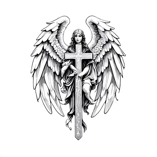 cross wing guardian angel tattoo design idea