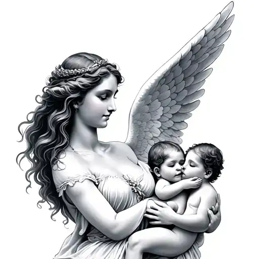 a woman angel holding two babies in her wings tattoo design idea