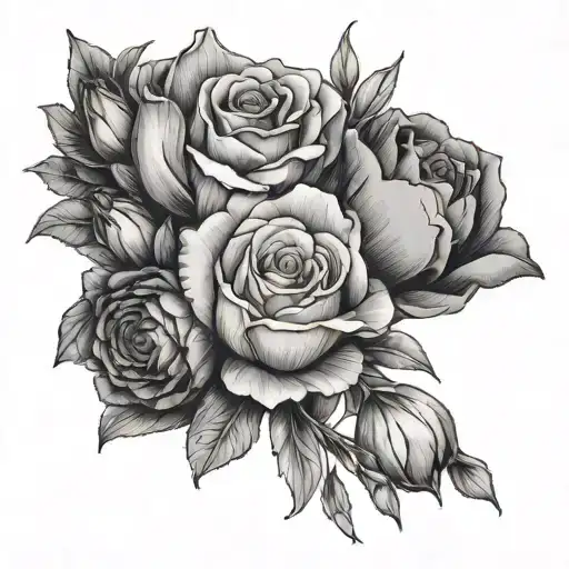 bouquet of flowers with roses, tulips, marigolds, and poppies  tattoo design idea