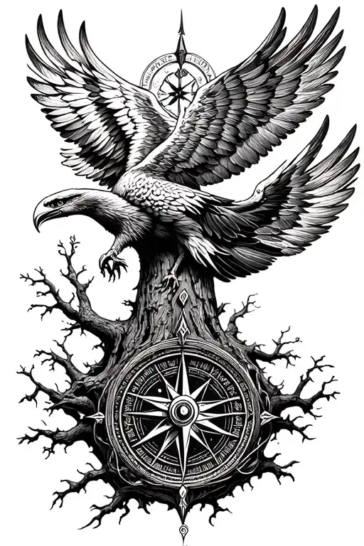 Vegvisir Viking Compass on a tree of life carried by wings of eagles tattoo design idea