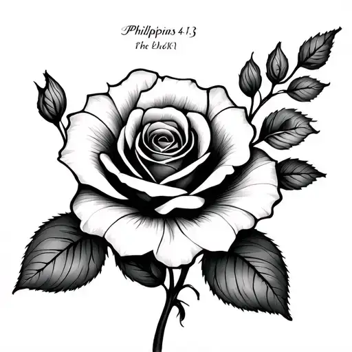 rose and morning glory flower intertwined with Philippians 4:13 as the stem tattoo design idea