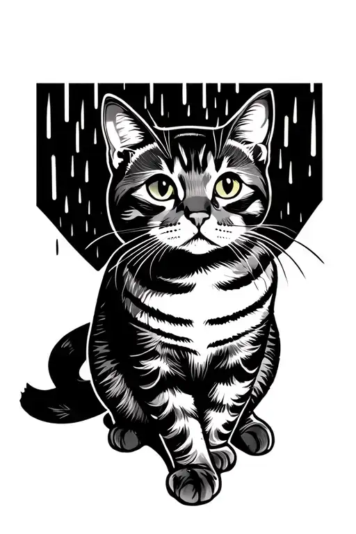 fat tabby cat sitting with back side looking upper-left with rain background tattoo design idea