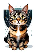 fat tabby cat sitting with back side looking upper-left with rain background tattoo design idea