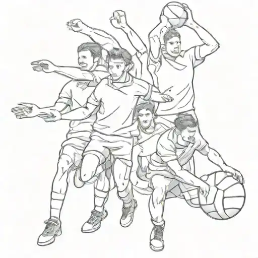 Create a sketch style tattoo of a family of athletes playing different sports together, with the engineer's hand doing a V shape gesture in the background tattoo design idea