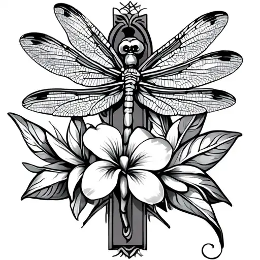 dragonfly and crucifix with plumeria flower  tattoo design idea
