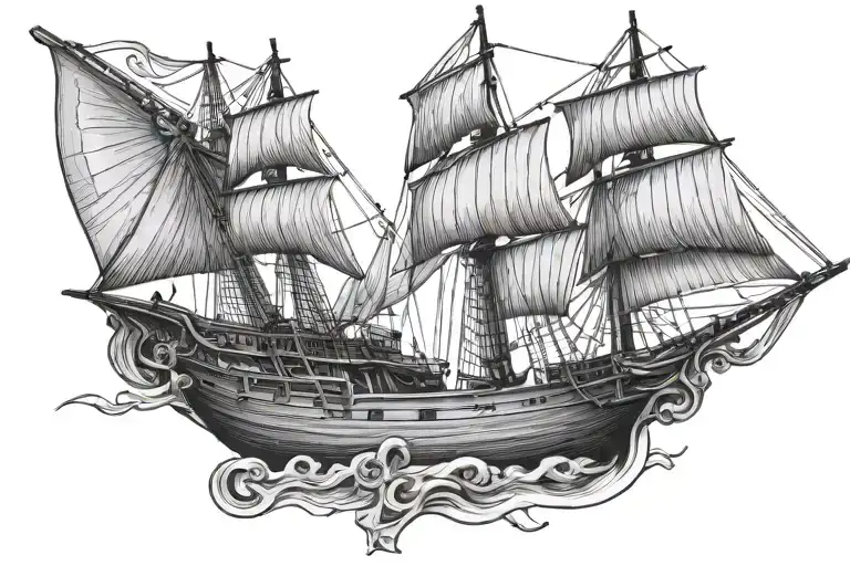 line art of a wooden schooner with at least 9 sails and a mastodon skull with 4 tusks on the front of the ship tattoo design idea