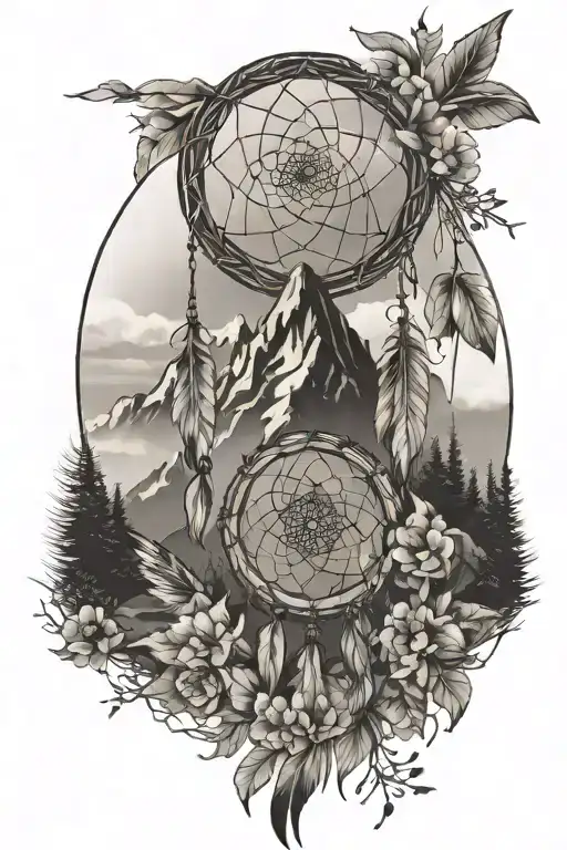 dream catcher, mountain landscape tattoo design idea