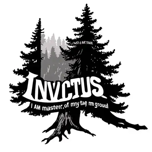 Douglas Fir with the word Invictus as trunk and I AM master of my fate; I AM captain of my soul as ground tattoo design idea