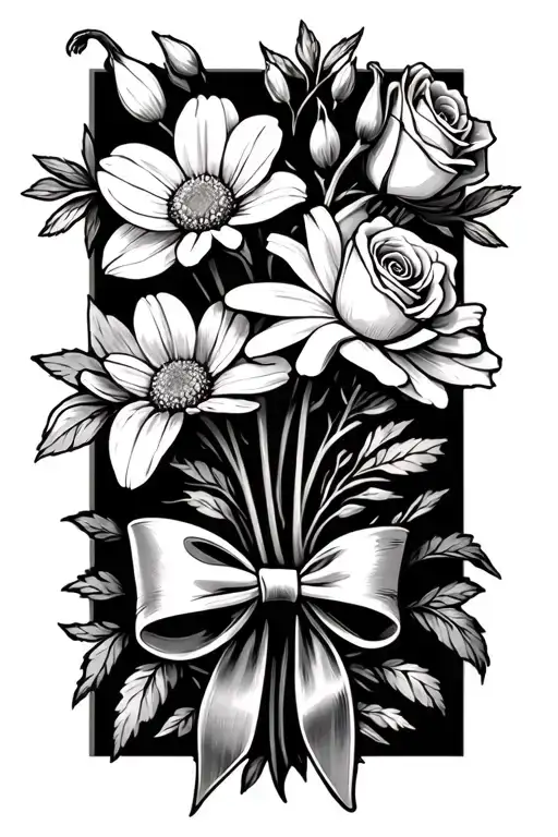 Birth flower arrangement, 2 snowdrop, 1 daffodil, 1 daisy, 1 rose, tied with a simple bow, forearm, black and grey tattoo design idea