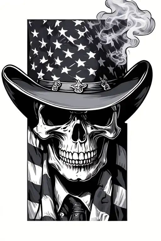 cowboy skull smoking gun wrapped with American flag tattoo design idea