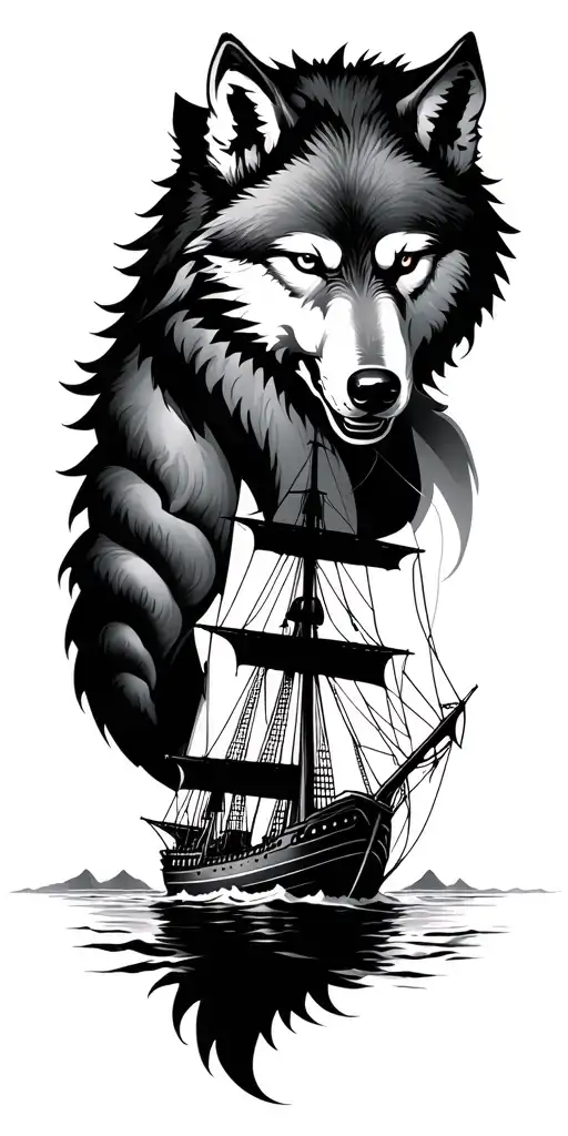 wolf, kidney, sailing ship tattoo design idea