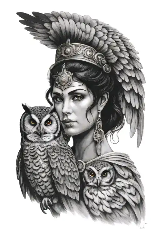 The goddess Athena with her owl by shoulder portrait tattoo design black and greys  tattoo design idea
