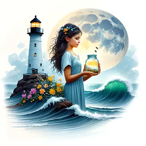 lighthouse with nature, flowers, ocean waves against rocks, female portrait of a girl holding a jar of fireflies, moon tattoo design idea