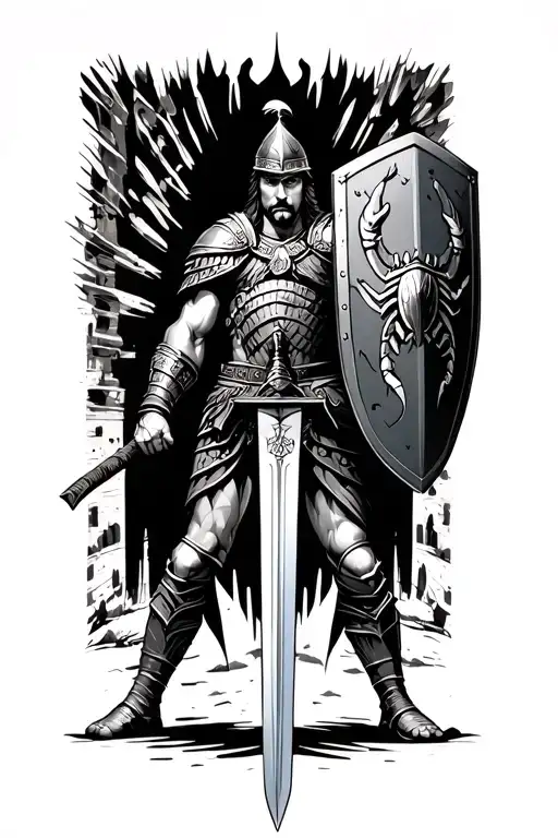 colosseum arena background black and white gladiator holding a sword and shield with scorpion pattern  tattoo design idea
