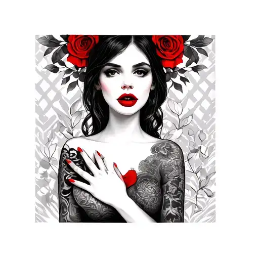 Girl with red lips hands covers her chest from both sides tattoo design idea