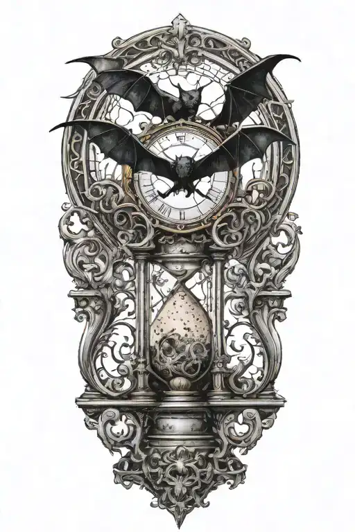 A big bat wrapping an hour glass with the sand of time. Chaotic and morbid background. Terror and dread. tattoo design idea