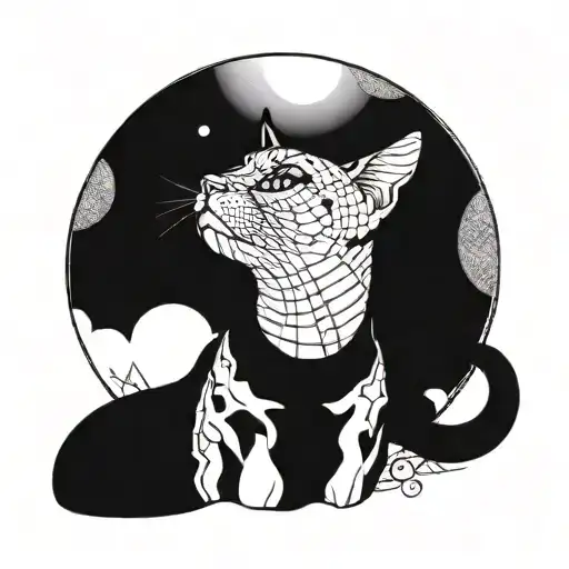 full neck tattoo of a cat looking sideways with the full moon behind and black lines in the background tattoo design idea