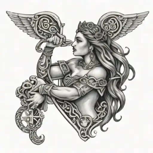 celtic warrior woman holding claddagh ring and a key tattoo design idea