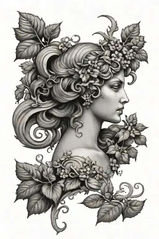 Greek Persephone sculpture wrapped in ivy vines tattoo design idea