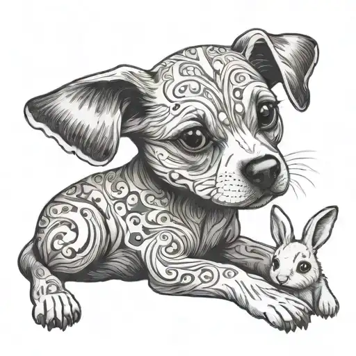 Cute dog full body side view holding a gentle little rabbit in both hands tattoo design idea
