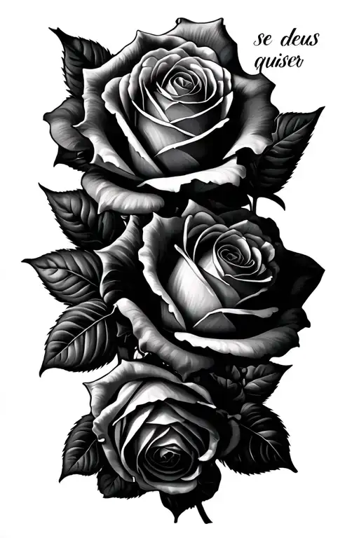 3 big roses horrizontally; in fine writing across the roses the phrase 'se deus quiser' tattoo design idea