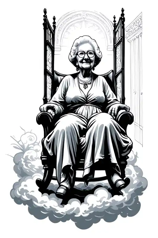silhouette of grandma in a rocking chair in hands sitting on clouds with gates open behind her and light shining though  tattoo design idea