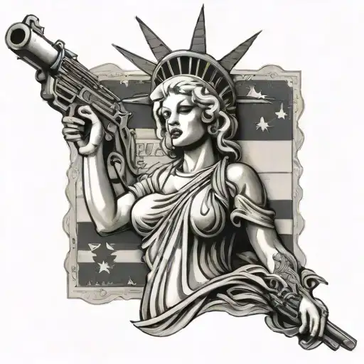 Marilyn monroe as the statue of liberty with a mexican flag around her, a gun, and half dead tattoo design idea