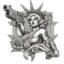 Marilyn monroe as the statue of liberty with a mexican flag around her, a gun, and half dead tattoo design idea